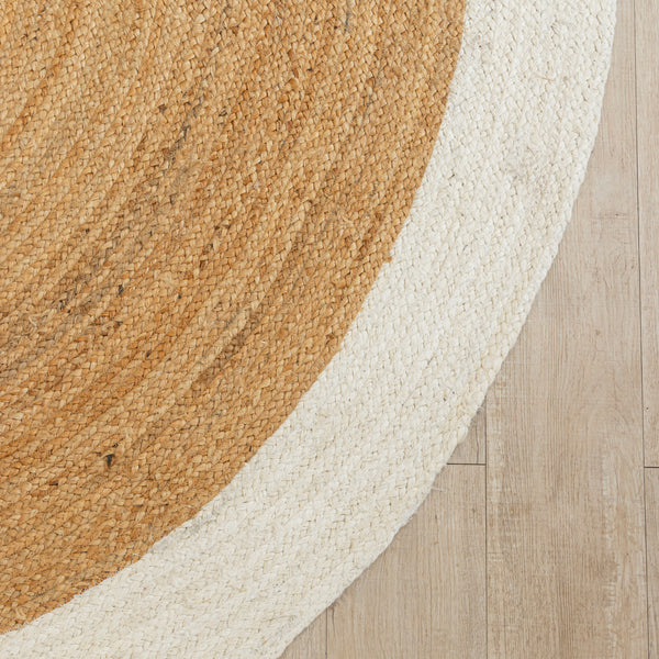 Handmade Round Jute Area Rug with Off White Border Natural Fiber Braided Rug Modern Boho