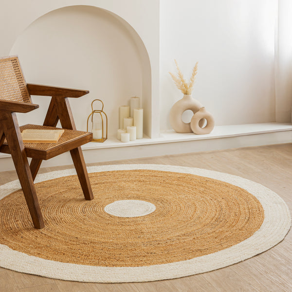 Handmade Round Jute Area Rug with Off White Border Natural Fiber Braided Rug Modern Boho