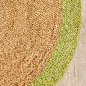 Handwoven Oval Jute Rug with Green Border - Natural Braided Area Rug Boho Farmhouse Home Decor