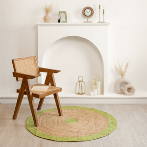 Handwoven Oval Jute Rug with Green Border - Natural Braided Area Rug Boho Farmhouse Home Decor