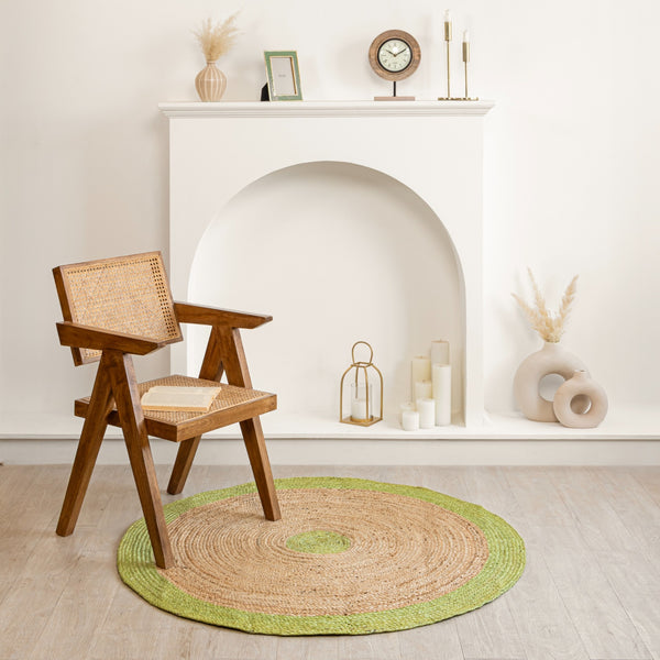 Handwoven Oval Jute Rug with Green Border - Natural Braided Area Rug Boho Farmhouse Home Decor