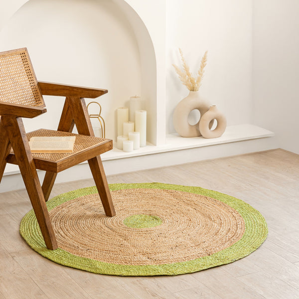 Handwoven Oval Jute Rug with Green Border - Natural Braided Area Rug Boho Farmhouse Home Decor