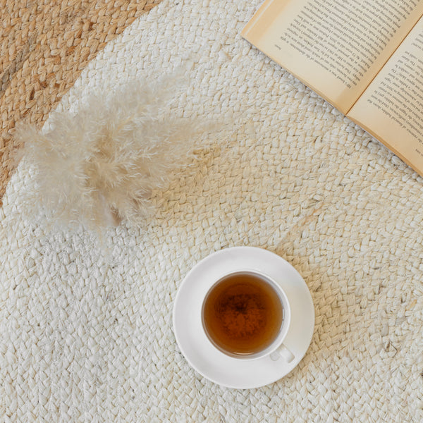 Handmade Round Jute Rug with White Center Natural Fiber Braided Rug