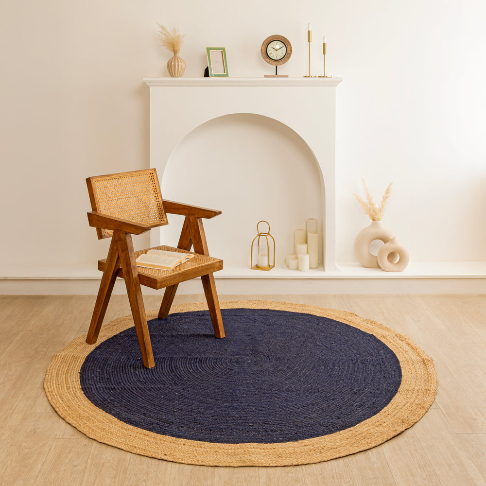 Handmade Round Jute Rug with Navy Blue Center Natural Fiber Braided Rug