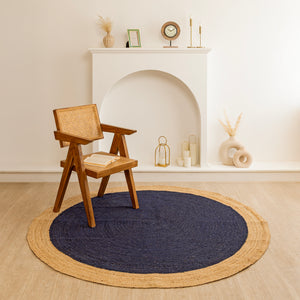Handmade Round Jute Rug with Navy Blue Center Natural Fiber Braided Rug