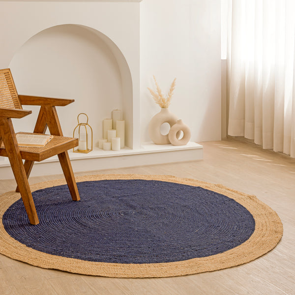 Handmade Round Jute Rug with Navy Blue Center Natural Fiber Braided Rug