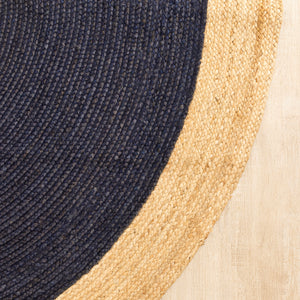 Handmade Round Jute Rug with Navy Blue Center Natural Fiber Braided Rug