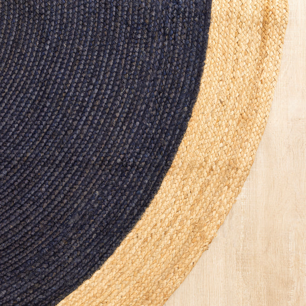 Handmade Round Jute Rug with Navy Blue Center Natural Fiber Braided Rug