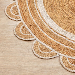 Handwoven Jute Rug with White Border - Scalloped Round Area Rug Natural Boho Farmhouse Rug