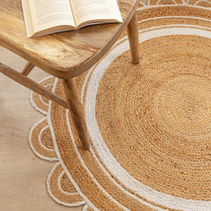 Handwoven Jute Rug with White Border - Scalloped Round Area Rug Natural Boho Farmhouse Rug