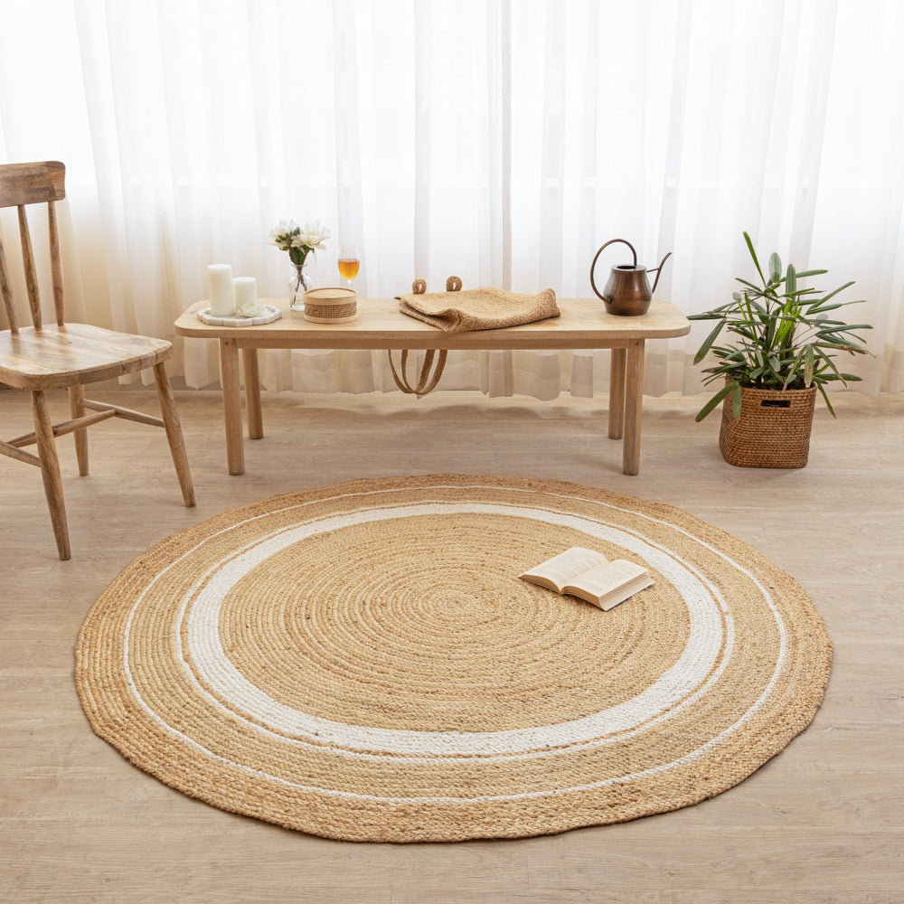 Handwoven Jute Rug with White Stripes - Natura Round Area  Rug Boho Farmhouse Rug