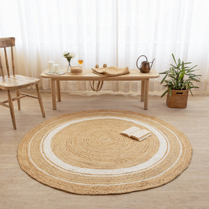 Handwoven Jute Rug with White Stripes - Natura Round Area  Rug Boho Farmhouse Rug