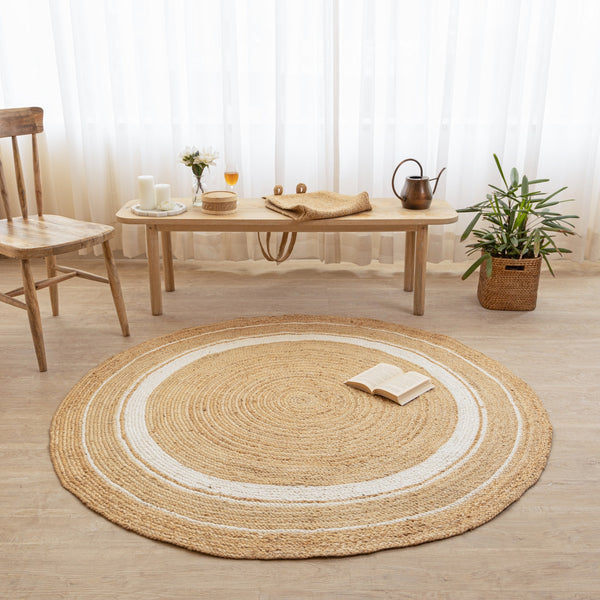 Handwoven Jute Rug with White Stripes - Natura Round Area  Rug Boho Farmhouse Rug
