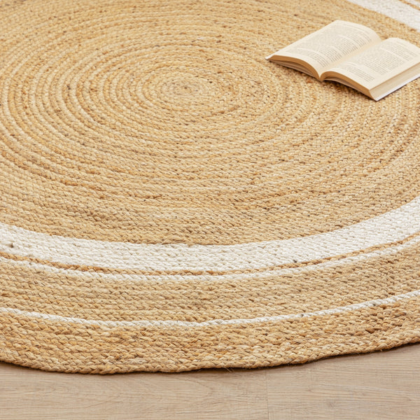 Handwoven Jute Rug with White Stripes - Natura Round Area  Rug Boho Farmhouse Rug