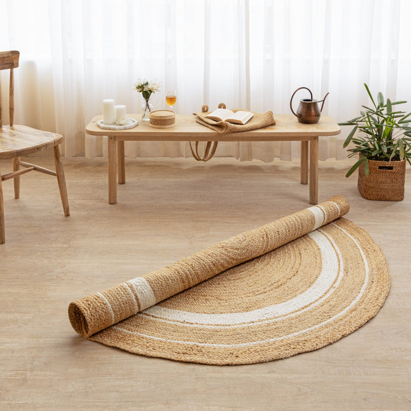 Handwoven Jute Rug with White Stripes - Natura Round Area  Rug Boho Farmhouse Rug
