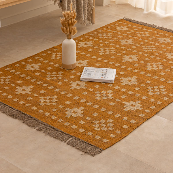 Mustard Yellow Boho Area Rug  with Ivory Floral Pattern  Vintage Inspired Woven Rug