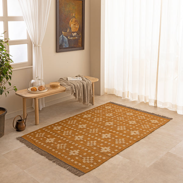 Mustard Yellow Boho Area Rug  with Ivory Floral Pattern  Vintage Inspired Woven Rug