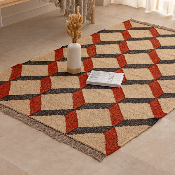 Handwoven Geometric Jute Rug Red Black & Natural Area Rug Boho Tribal Carpet Modern Farmhoue