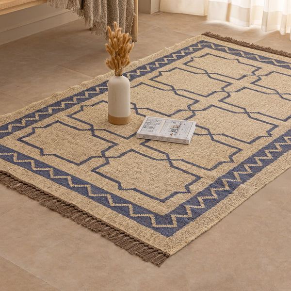 Handwoven Bohemian Geometric Jute Rug - Neutral Beige & Indigo Blue Area with Fringe