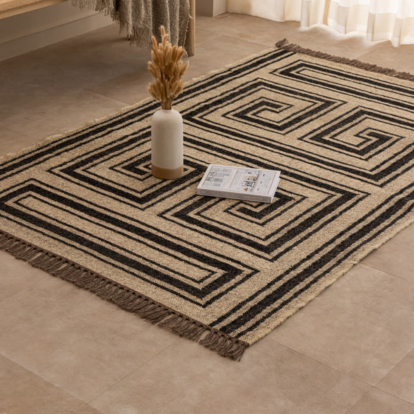 Black and Cream Geometric Jute Rug Handmade Boho Area Rug Neutral Farmhouse Living Room Rug