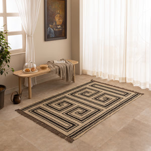 Black and Cream Geometric Jute Rug Handmade Boho Area Rug Neutral Farmhouse Living Room Rug