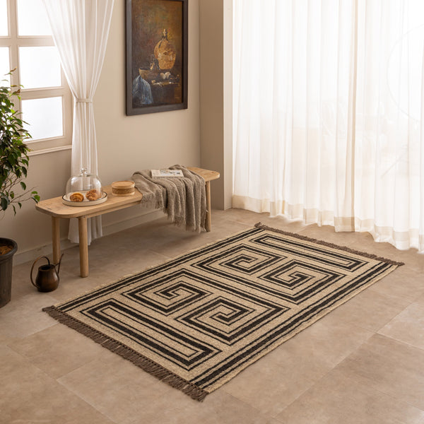 Black and Cream Geometric Jute Rug Handmade Boho Area Rug Neutral Farmhouse Living Room Rug