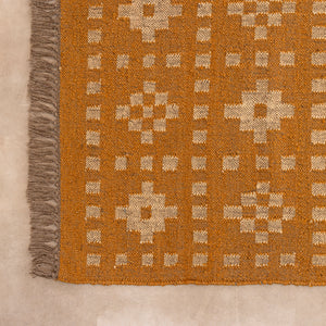 Mustard Yellow Boho Area Rug  with Ivory Floral Pattern  Vintage Inspired Woven Rug