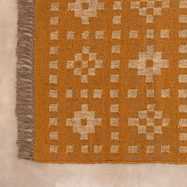 Mustard Yellow Boho Area Rug  with Ivory Floral Pattern  Vintage Inspired Woven Rug