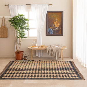Black & Beige Geometric Diamond Pattern Area Rug Modern Boho Farmhouse Woven Rug with Fringe