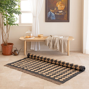 Black & Beige Geometric Diamond Pattern Area Rug Modern Boho Farmhouse Woven Rug with Fringe