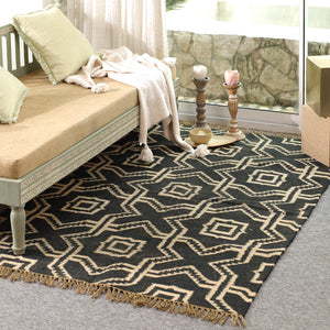 Handwoven Wool & Jute Geometric Area Rug -Black & Natural | Modern Bohemian Floor Carpet