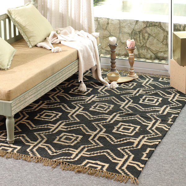 Handwoven Wool & Jute Geometric Area Rug -Black & Natural | Modern Bohemian Floor Carpet
