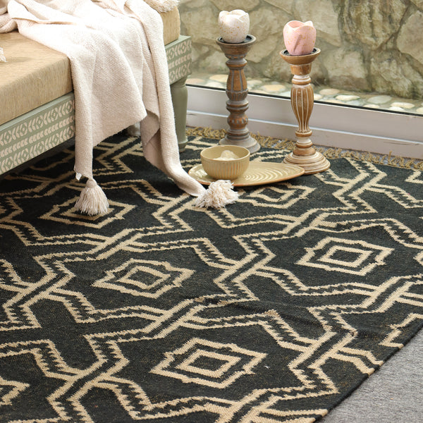 Handwoven Wool & Jute Geometric Area Rug -Black & Natural | Modern Bohemian Floor Carpet