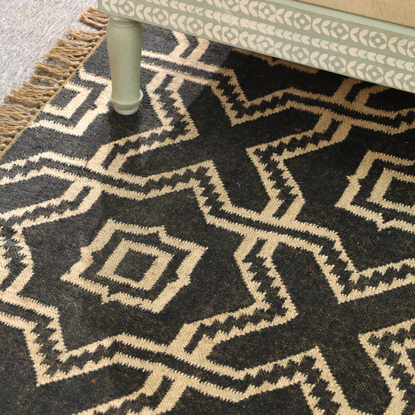 Handwoven Wool & Jute Geometric Area Rug -Black & Natural | Modern Bohemian Floor Carpet
