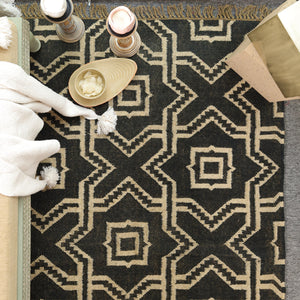Handwoven Wool & Jute Geometric Area Rug -Black & Natural | Modern Bohemian Floor Carpet