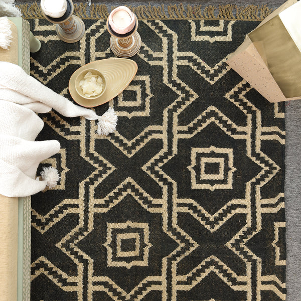 Handwoven Wool & Jute Geometric Area Rug -Black & Natural | Modern Bohemian Floor Carpet