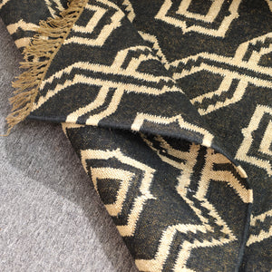 Handwoven Wool & Jute Geometric Area Rug -Black & Natural | Modern Bohemian Floor Carpet