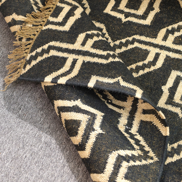Handwoven Wool & Jute Geometric Area Rug -Black & Natural | Modern Bohemian Floor Carpet
