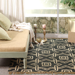 Handwoven Wool & Jute Geometric Area Rug -Black & Natural | Modern Bohemian Floor Carpet