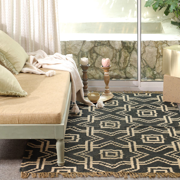 Handwoven Wool & Jute Geometric Area Rug -Black & Natural | Modern Bohemian Floor Carpet