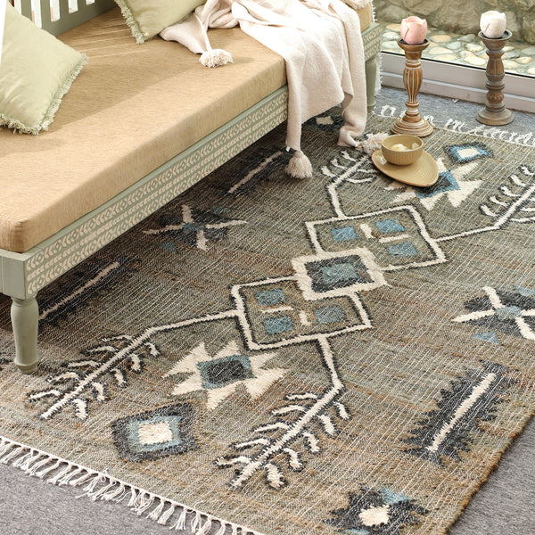 Handwoven Cotton  Tribal Area Rug – Sage Green & Blue Geometric Boho Flatweave Carpet