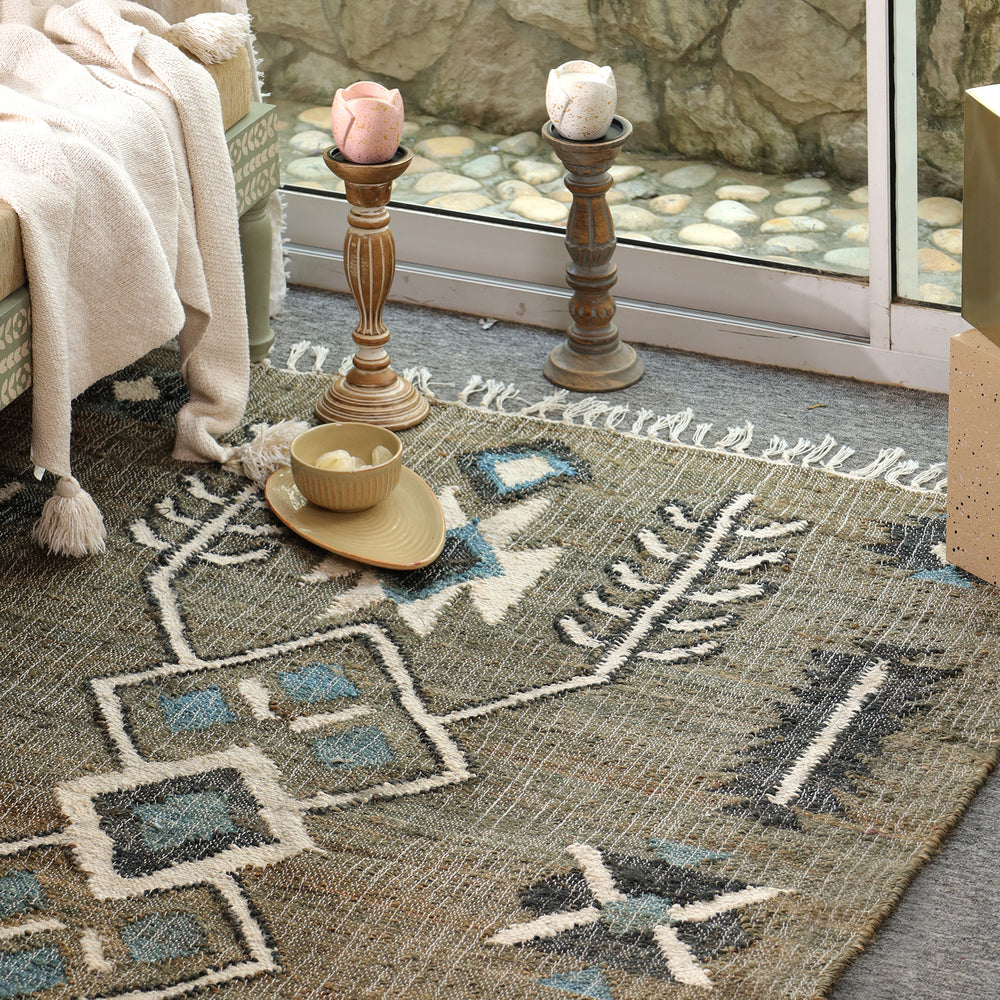 Handwoven Cotton  Tribal Area Rug – Sage Green & Blue Geometric Boho Flatweave Carpet