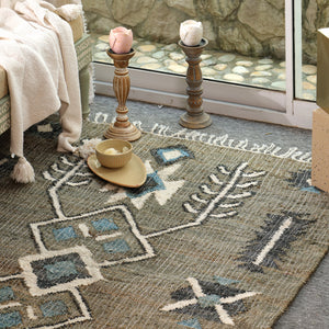 Handwoven Cotton  Tribal Area Rug – Sage Green & Blue Geometric Boho Flatweave Carpet