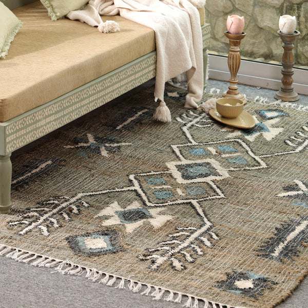 Handwoven Cotton  Tribal Area Rug – Sage Green & Blue Geometric Boho Flatweave Carpet