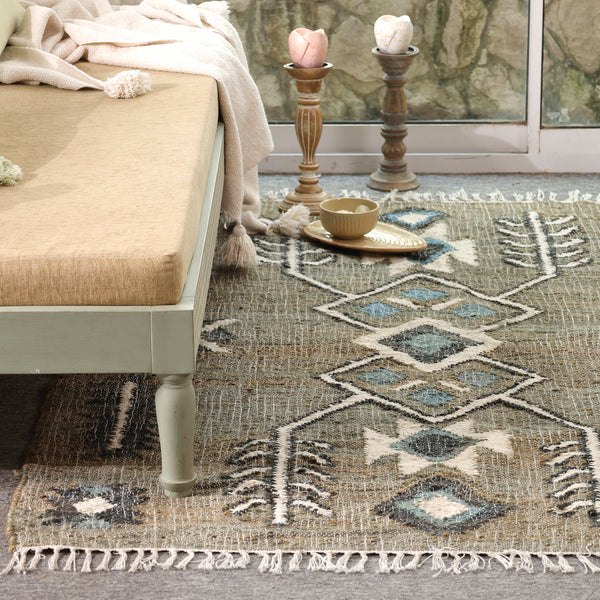 Handwoven Cotton  Tribal Area Rug – Sage Green & Blue Geometric Boho Flatweave Carpet