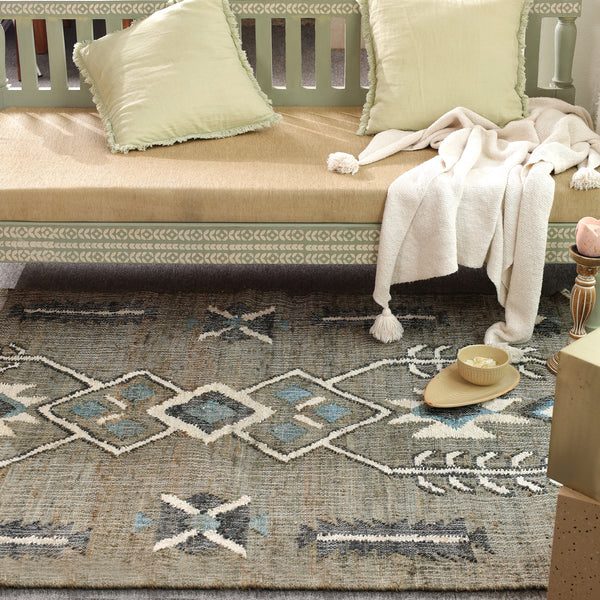 Handwoven Cotton  Tribal Area Rug – Sage Green & Blue Geometric Boho Flatweave Carpet