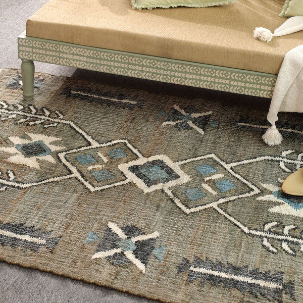 Handwoven Cotton  Tribal Area Rug – Sage Green & Blue Geometric Boho Flatweave Carpet