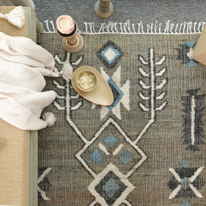 Handwoven Cotton  Tribal Area Rug – Sage Green & Blue Geometric Boho Flatweave Carpet