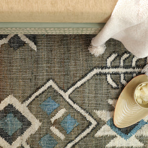 Handwoven Cotton  Tribal Area Rug – Sage Green & Blue Geometric Boho Flatweave Carpet