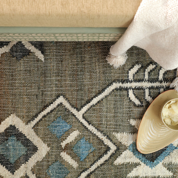 Handwoven Cotton  Tribal Area Rug – Sage Green & Blue Geometric Boho Flatweave Carpet
